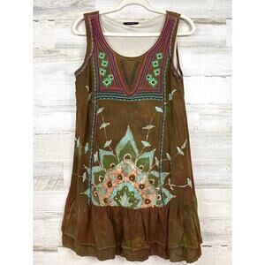 West 36th Womens M Brown Multi Embroidered Ruffle Dress Boho Festival